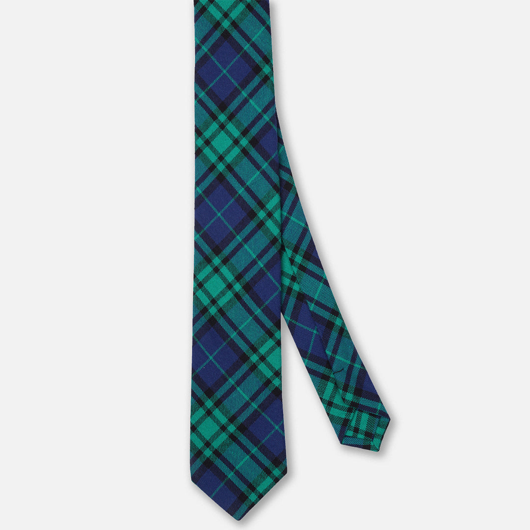 CHECKED GREEN BLUE SLIM NECK TIE WITH POCKET SQUARE