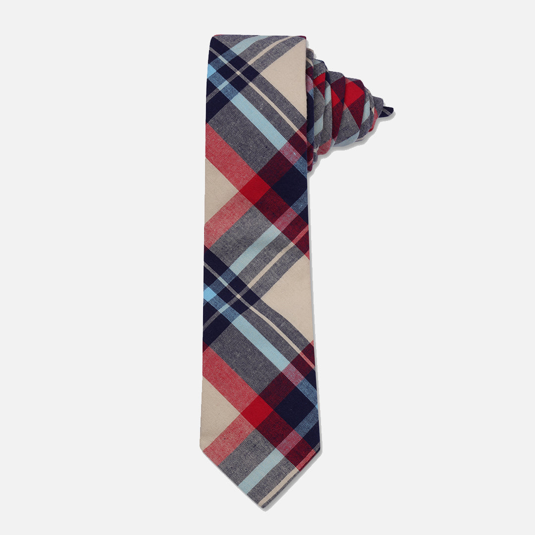 CHECKED CREAM RED SLIM NECK TIE WITH POCKET SQUARE