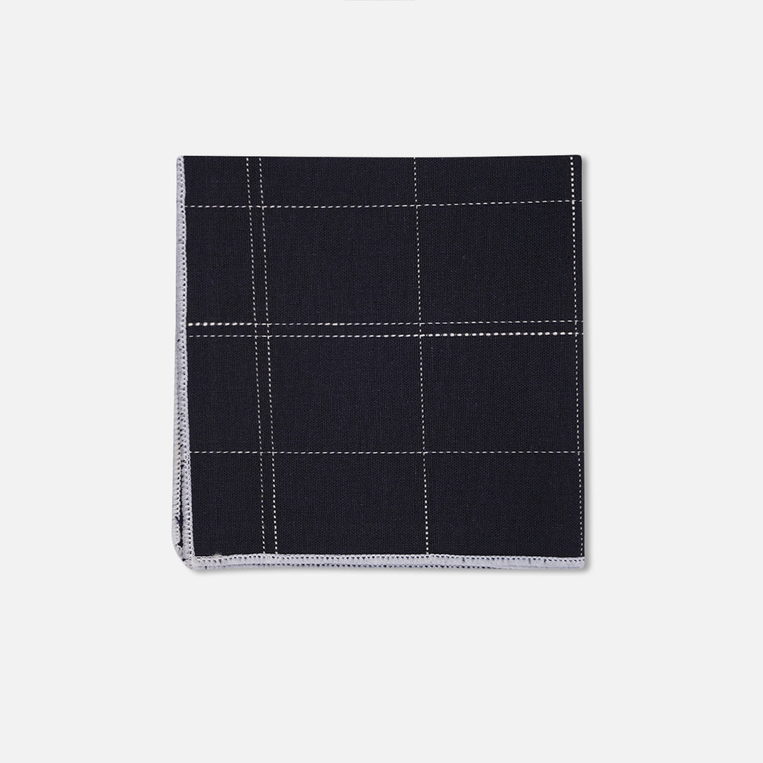 CHECKED NAVY BLACK SLIM NECK TIE WITH POCKET SQUARE