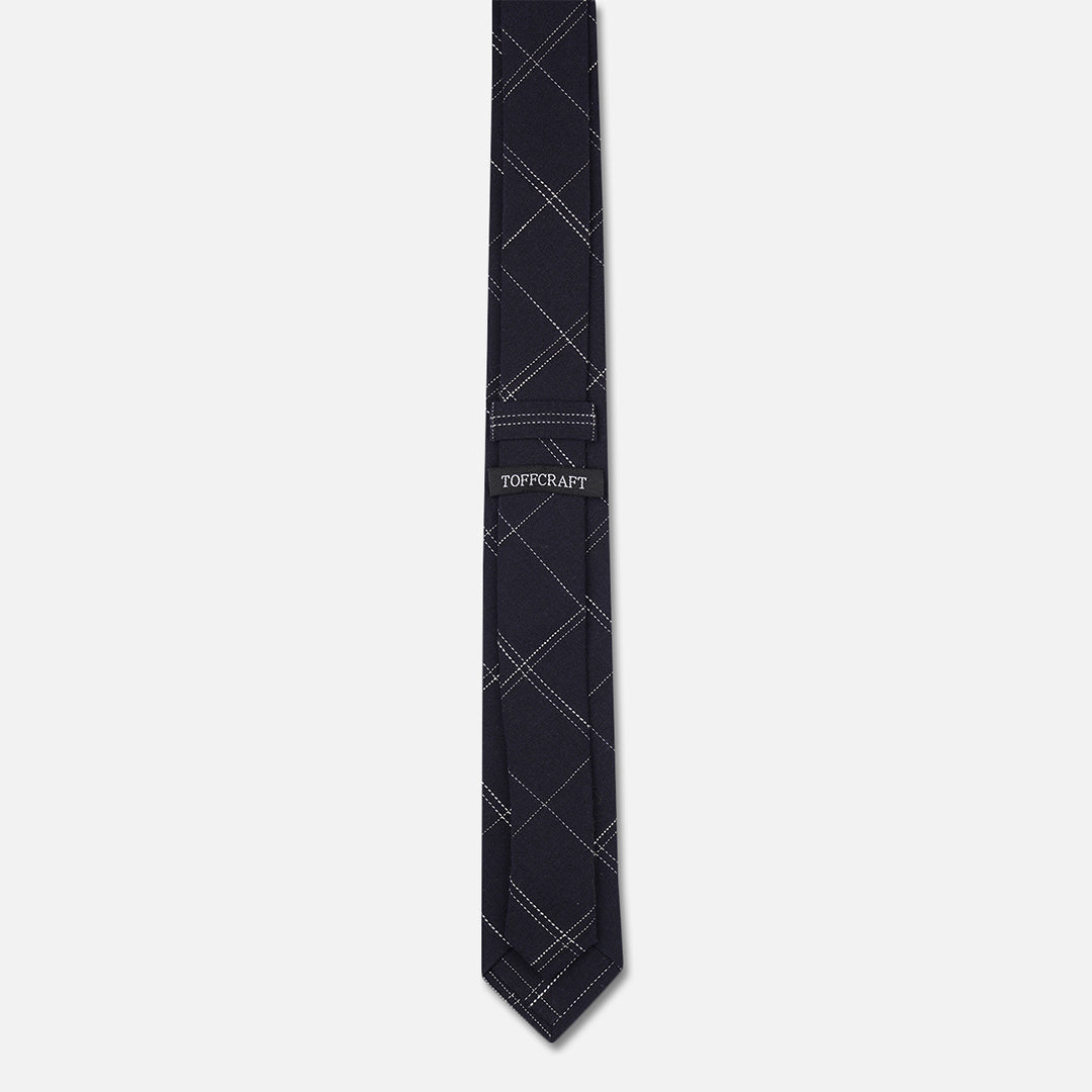 CHECKED NAVY BLACK SLIM NECK TIE WITH POCKET SQUARE