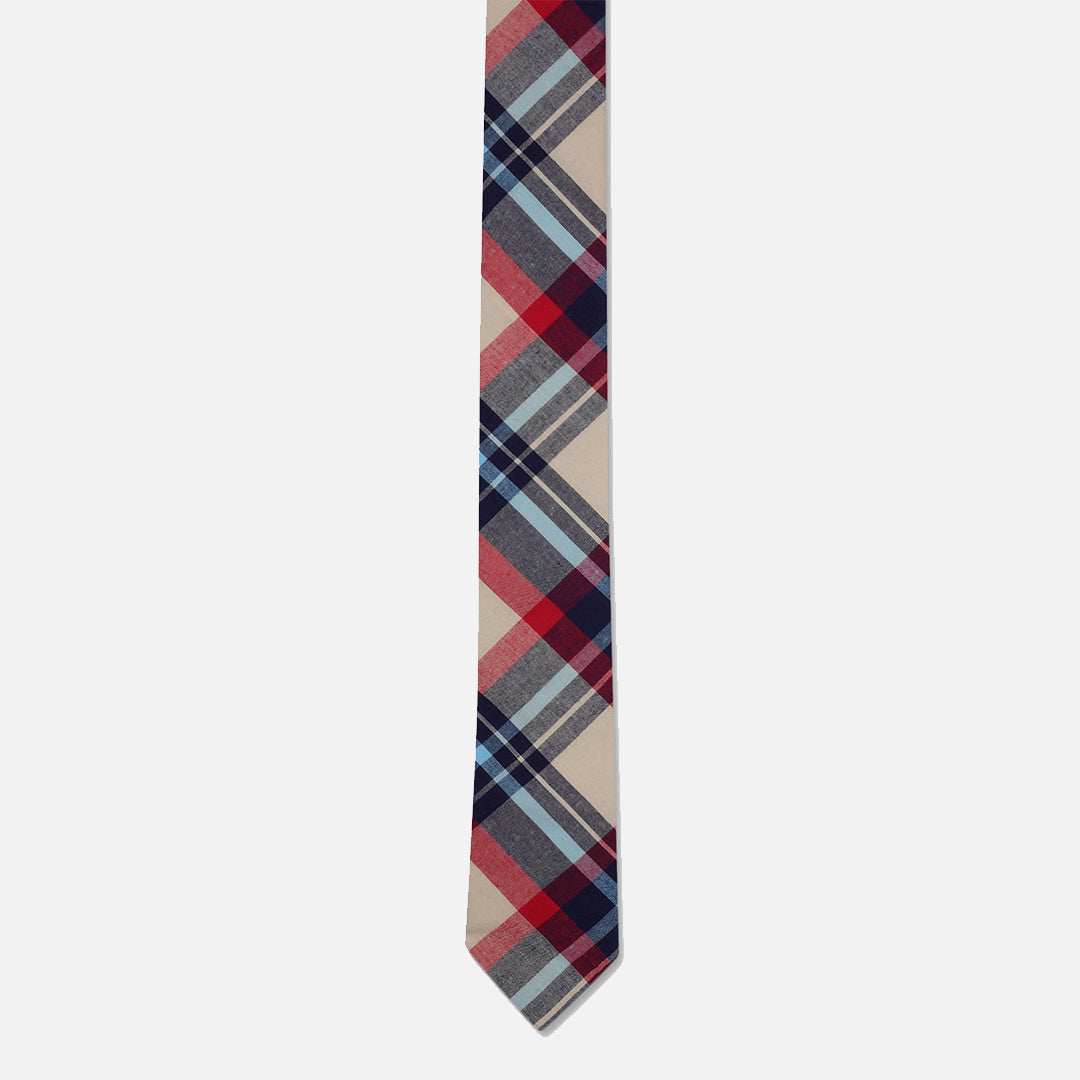 CHECKED CREAM RED SLIM NECK TIE WITH POCKET SQUARE