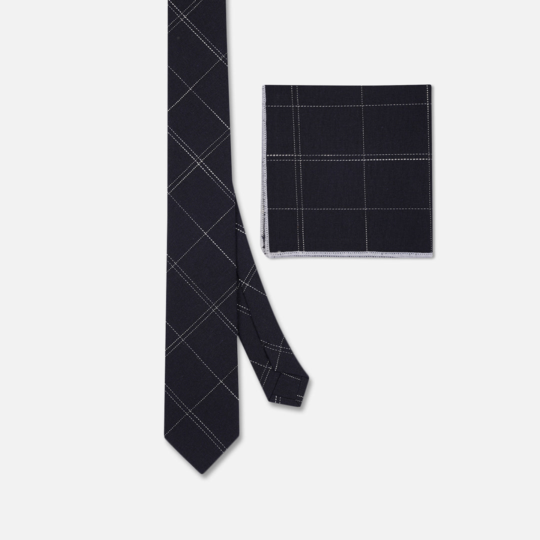 CHECKED NAVY BLACK SLIM NECK TIE WITH POCKET SQUARE