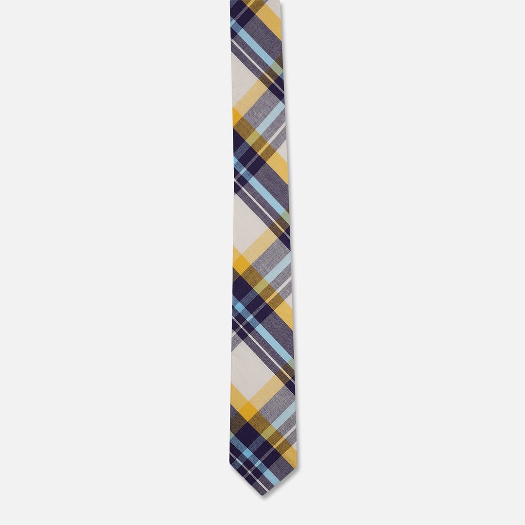 CHECKED CREAM YELLOW SLIM NECK TIE WITH POCKET SQUARE