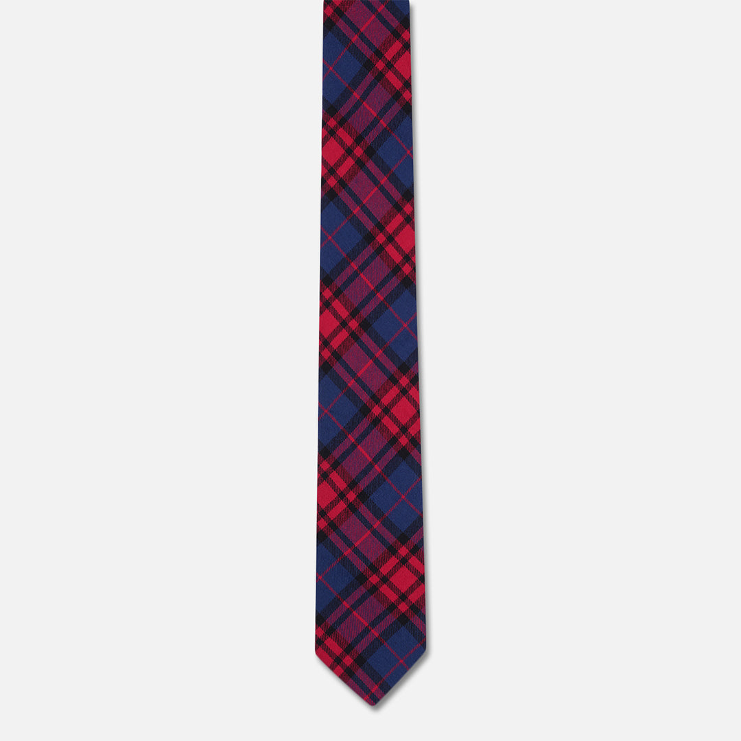 CHECKED RED BLUE SLIM NECK TIE WITH POCKET SQUARE