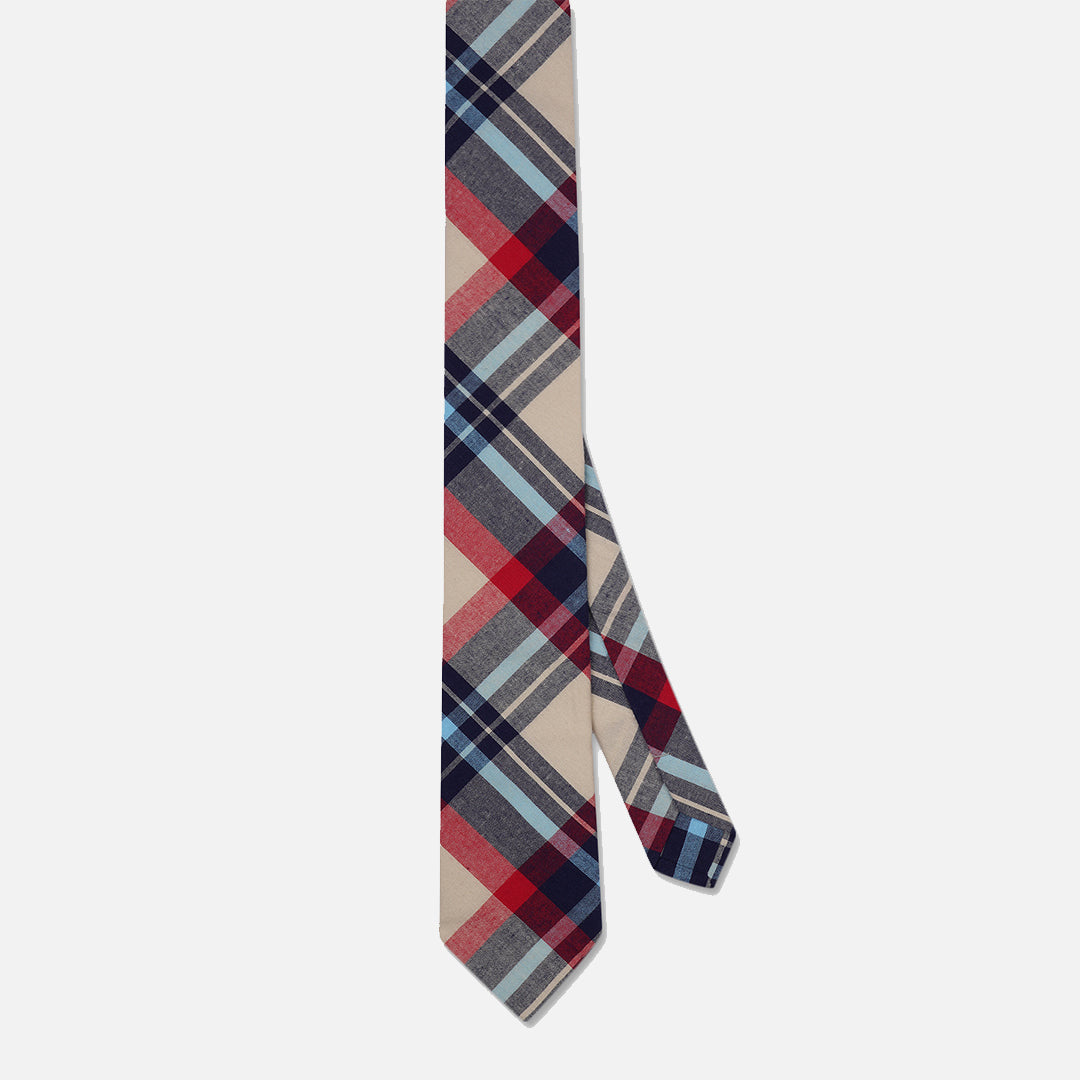 CHECKED CREAM RED SLIM NECK TIE WITH POCKET SQUARE