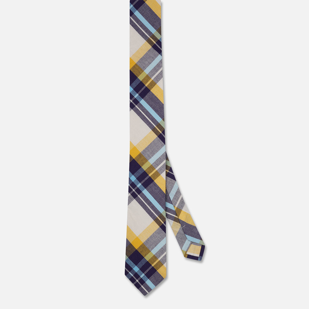 CHECKED CREAM YELLOW SLIM NECK TIE WITH POCKET SQUARE