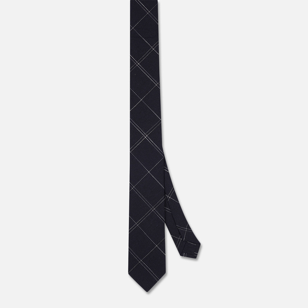 CHECKED NAVY BLACK SLIM NECK TIE WITH POCKET SQUARE