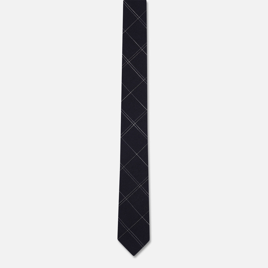 CHECKED NAVY BLACK SLIM NECK TIE WITH POCKET SQUARE