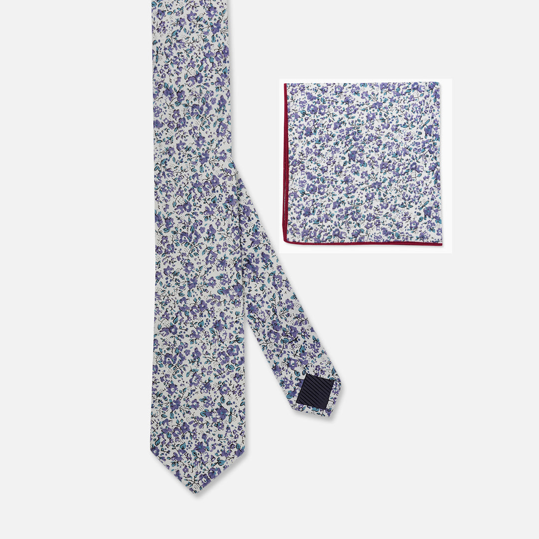 FLORAL WHITE SLIM NECK TIE WITH POCKET SQUARE