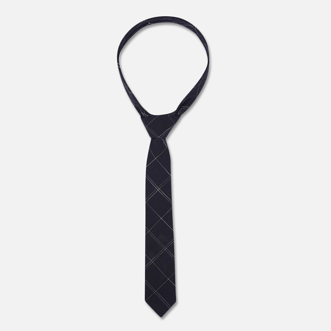 CHECKED NAVY BLACK SLIM NECK TIE WITH POCKET SQUARE