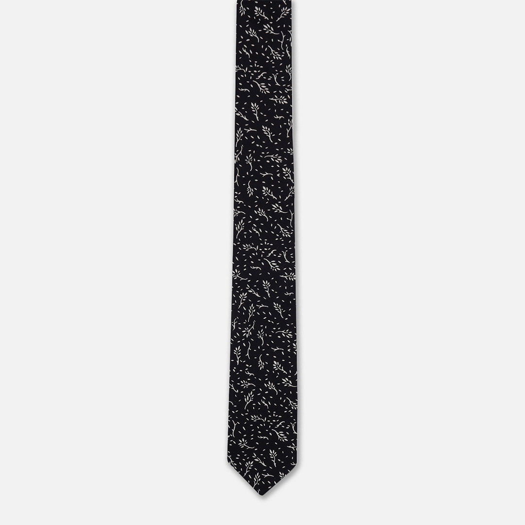 FLORAL BLACK SLIM NECK TIE WITH POCKET SQUARE