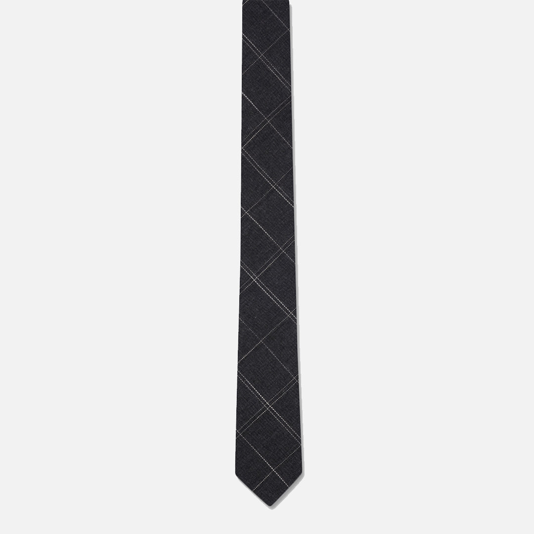 CHECKED CHARCOAL GREY SLIM NECK TIE WITH POCKET SQUARE