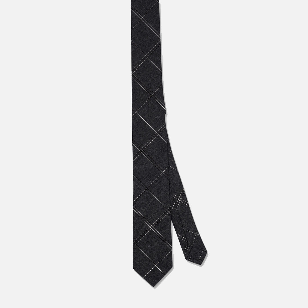 CHECKED CHARCOAL GREY SLIM NECK TIE WITH POCKET SQUARE