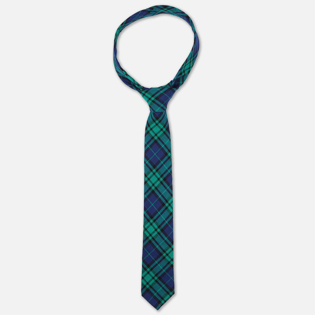 CHECKED GREEN BLUE SLIM NECK TIE WITH POCKET SQUARE