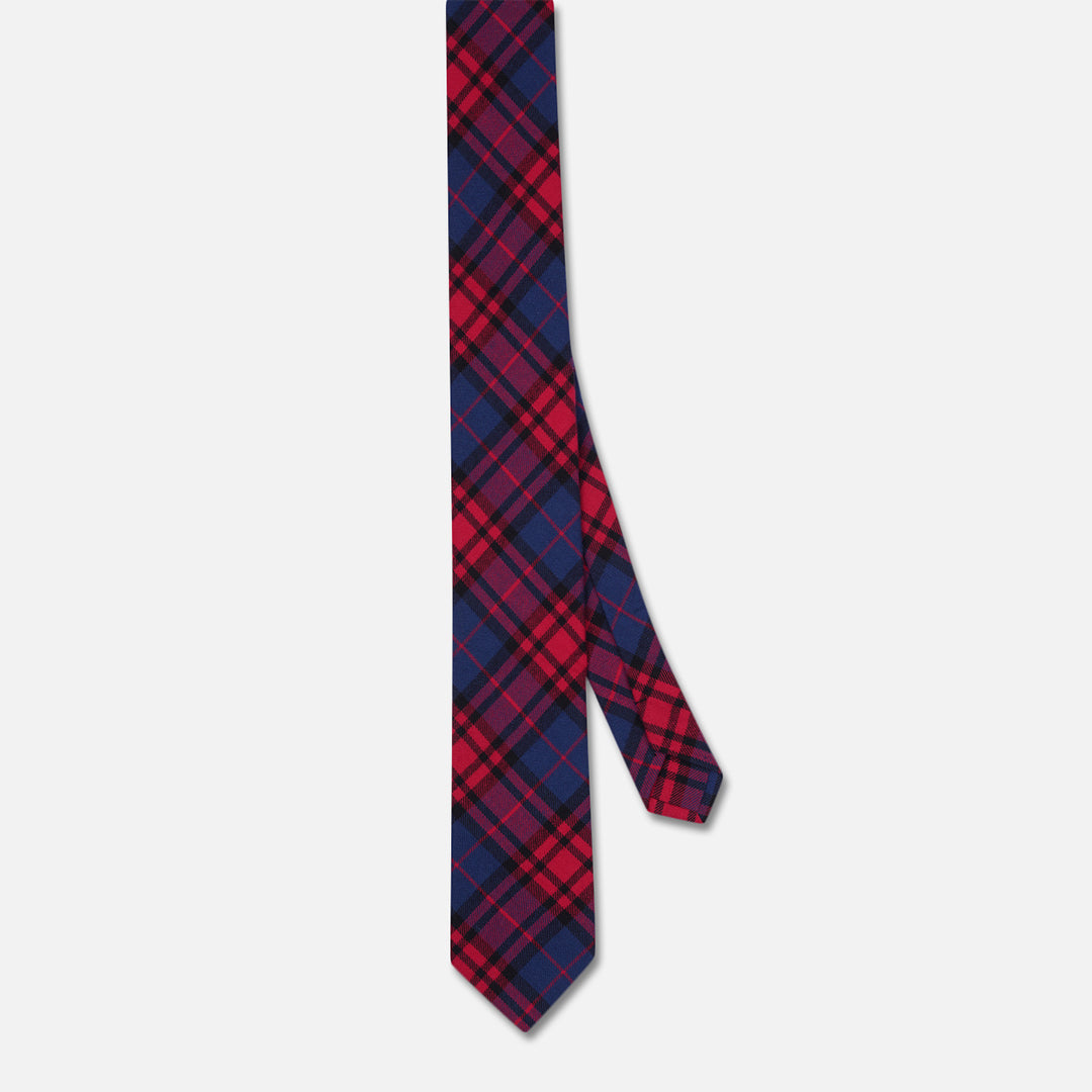 CHECKED RED BLUE SLIM NECK TIE WITH POCKET SQUARE