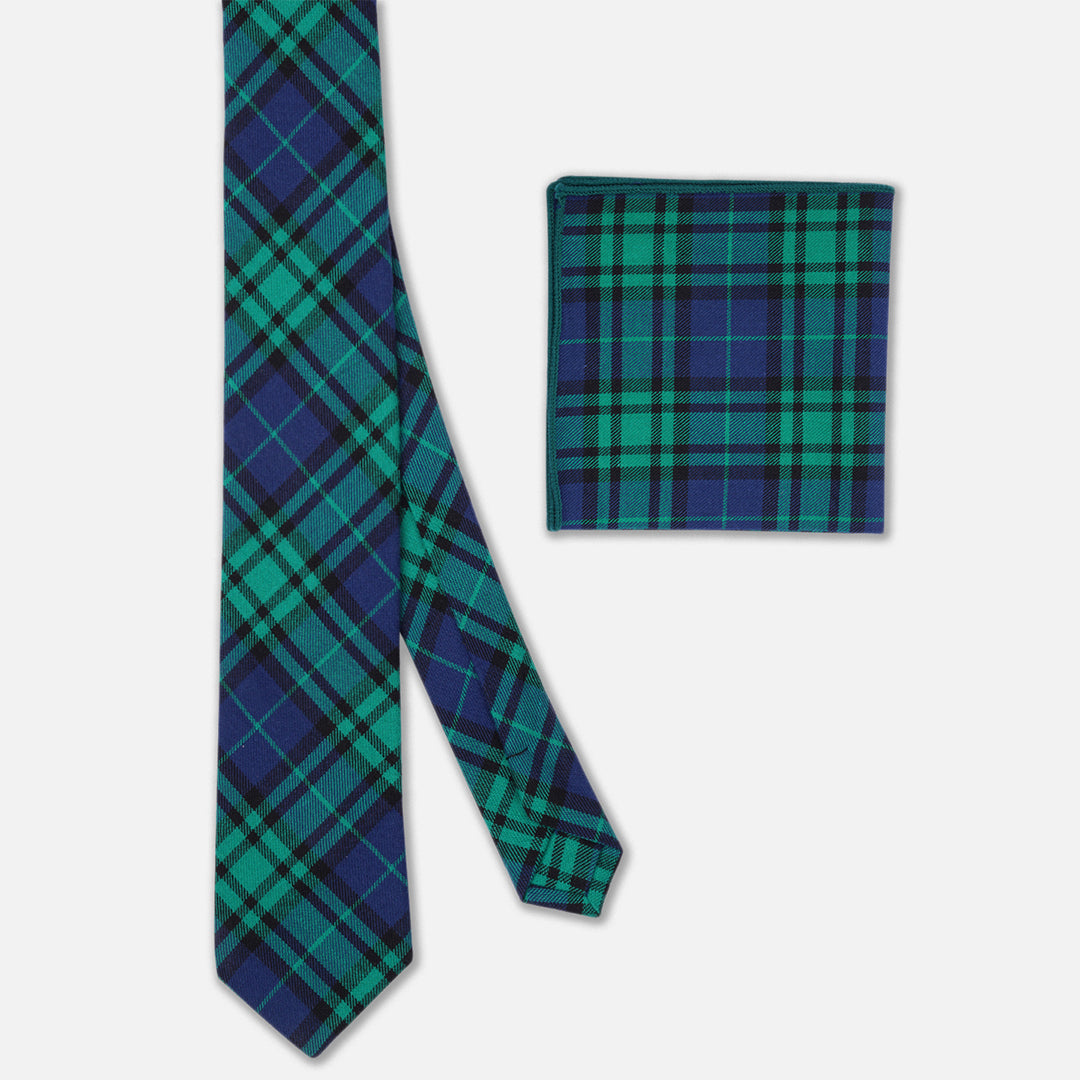 CHECKED GREEN BLUE SLIM NECK TIE WITH POCKET SQUARE