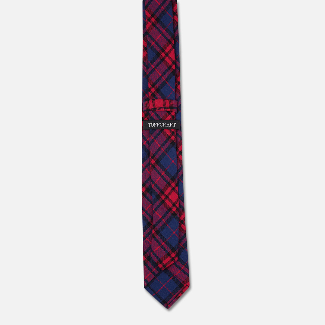 CHECKED RED BLUE SLIM NECK TIE WITH POCKET SQUARE