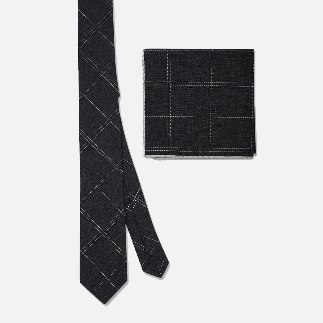 CHECKED CHARCOAL GREY SLIM NECK TIE WITH POCKET SQUARE